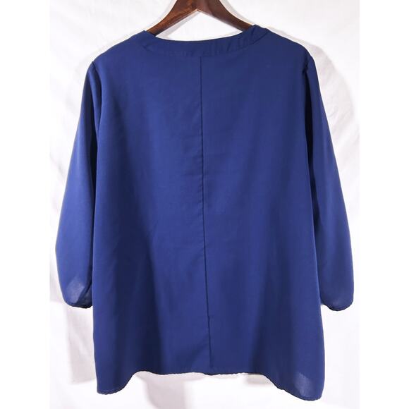 Bloomchic Navy Blue V-Neck Roll Tab Sleeve Flowing Blousem14/16 - Picture 2 of 10